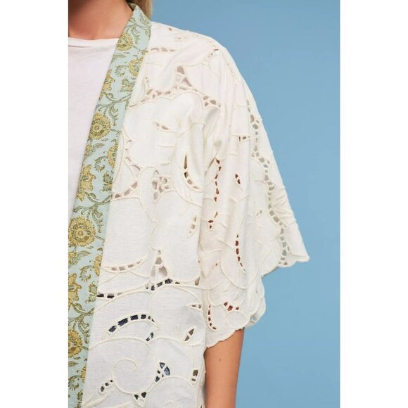 Anthropologie Floreat Boho Lace Kimono Laser Cut Linen Cotton White Green‎ OS - Picture 2 of 14